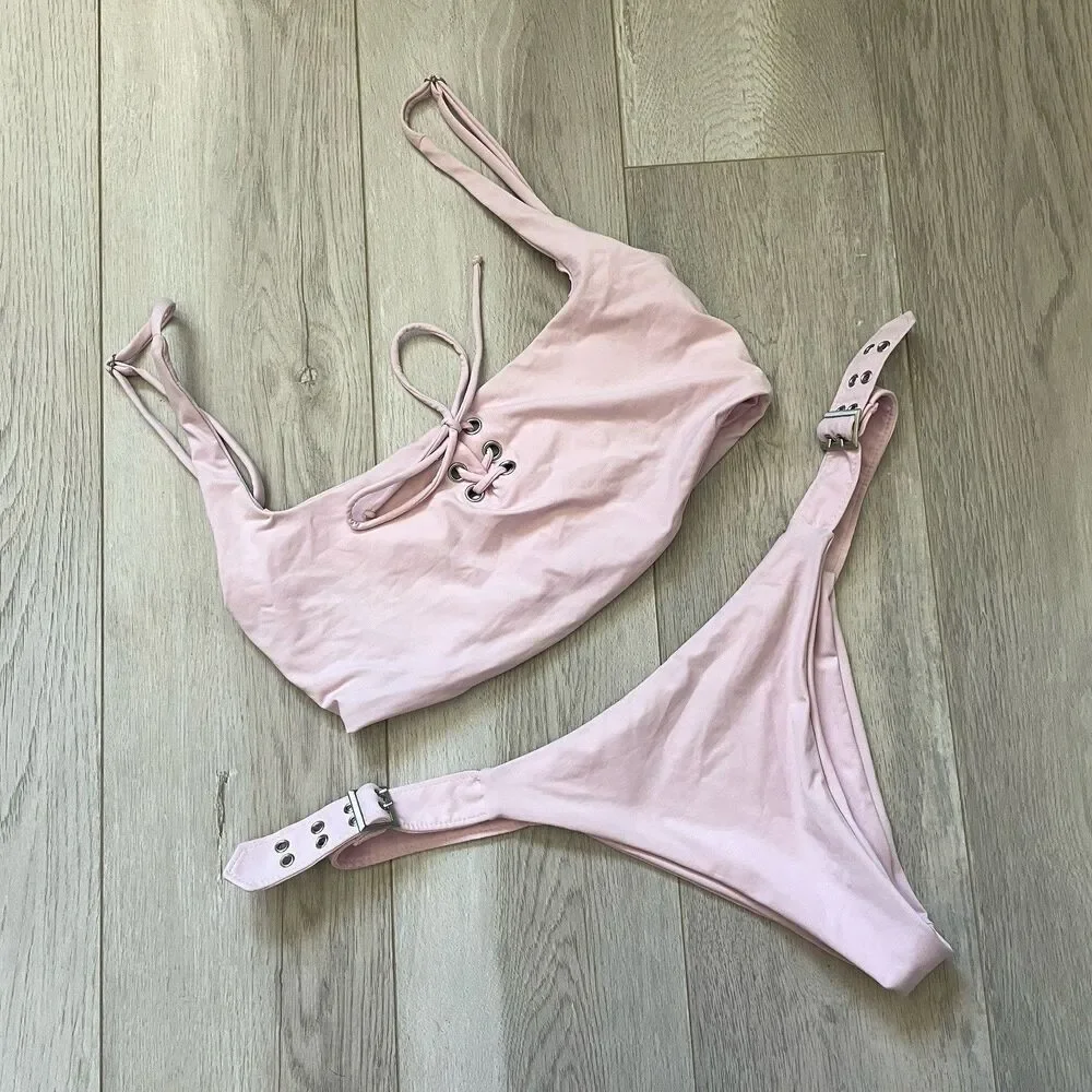 Frankies Bikinis Bikini corset pullover cheeky buckle womens Pink (medium) swim
